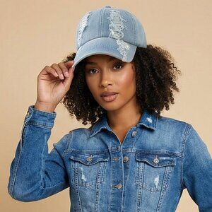 Vintage Washed Distressed Baseball Cap Solid Color Unisex Raw Hem Denim Cap